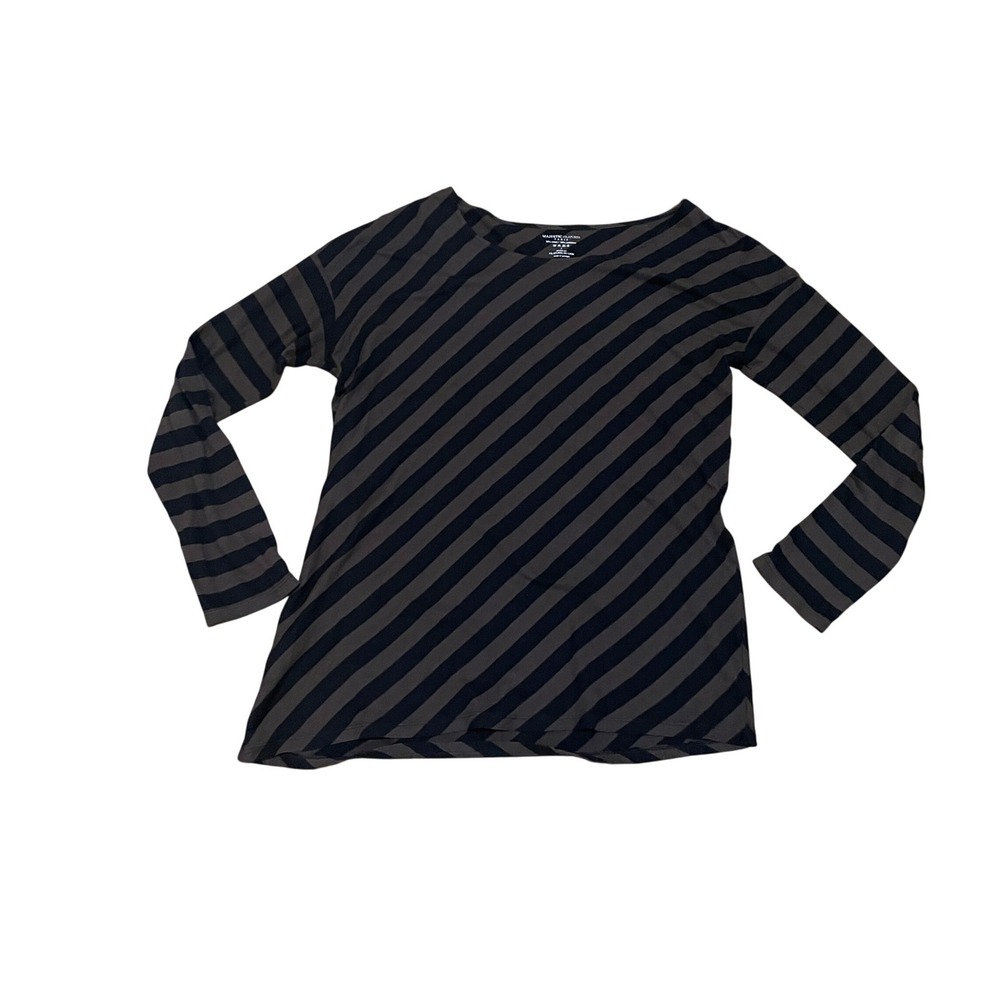 Majestic Filatures Women's 3/M Cotton Cashmere Brown Black Striped Boat Neck Top